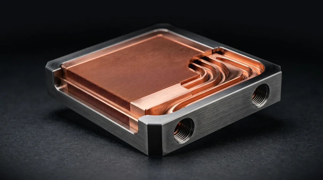 Copper cold plate with fine fins, set in a stainless steel frame with two threaded ports