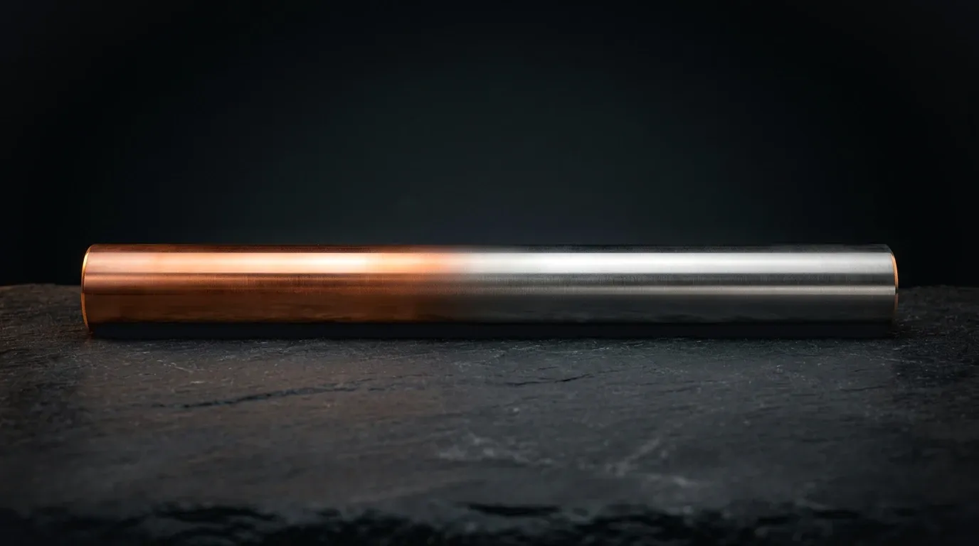 Round bar that turns from copper at one end to stainless steel at the other
