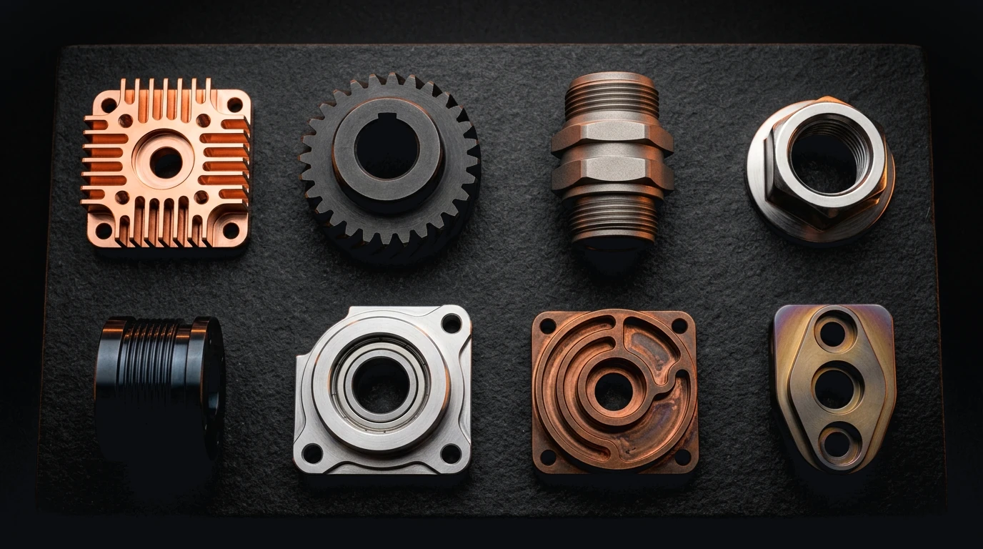 Eight finished metal parts in copper, steel, titanium and aluminum laid out on dark slate