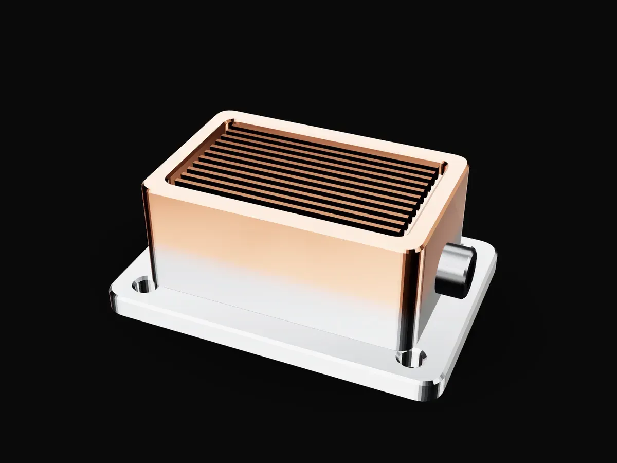 Multi-material manifold: stainless steel body grading into a copper cold plate with fins