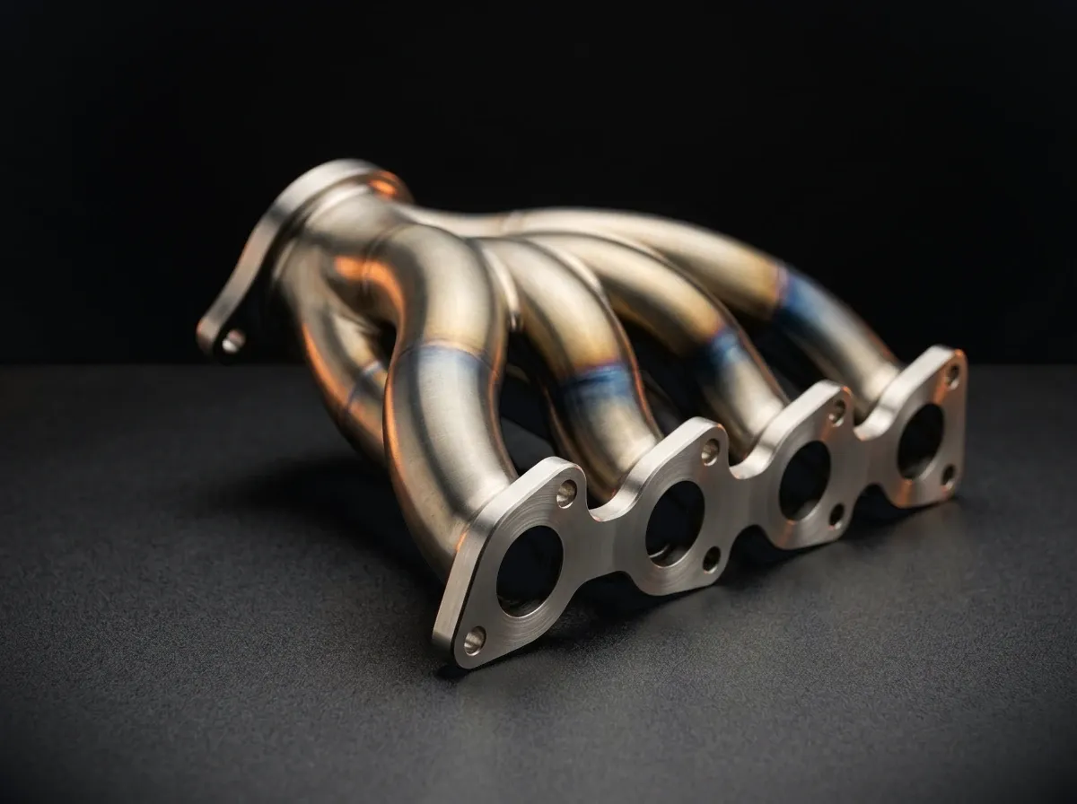 Nickel alloy manifold with four curved runners and a flanged face