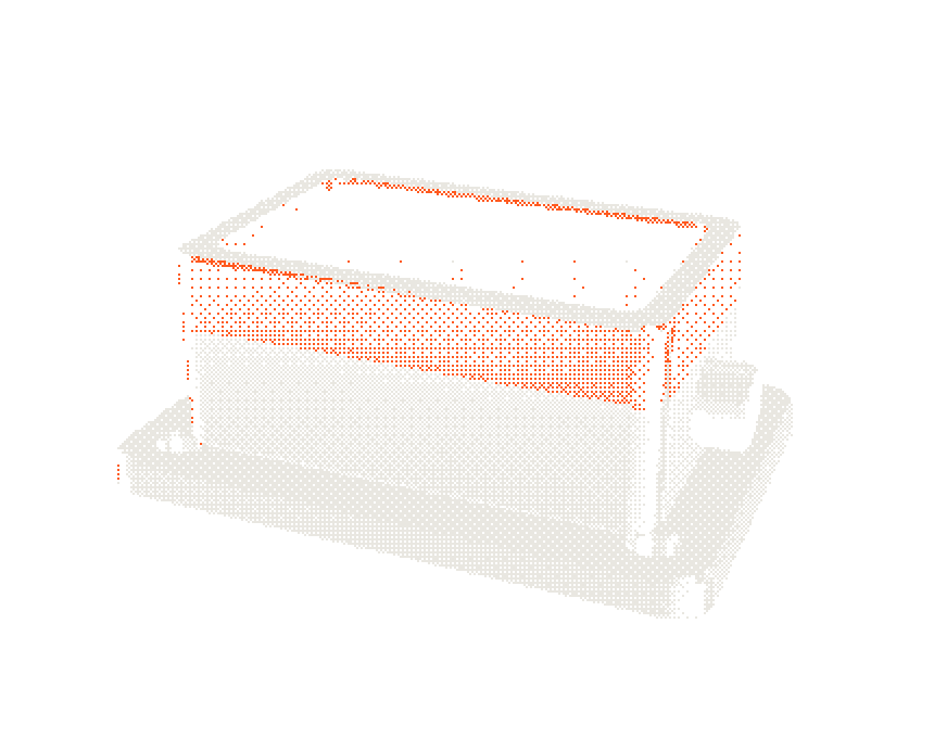 Rendered metal part: a stainless steel manifold whose top section grades into a copper cold plate with fins