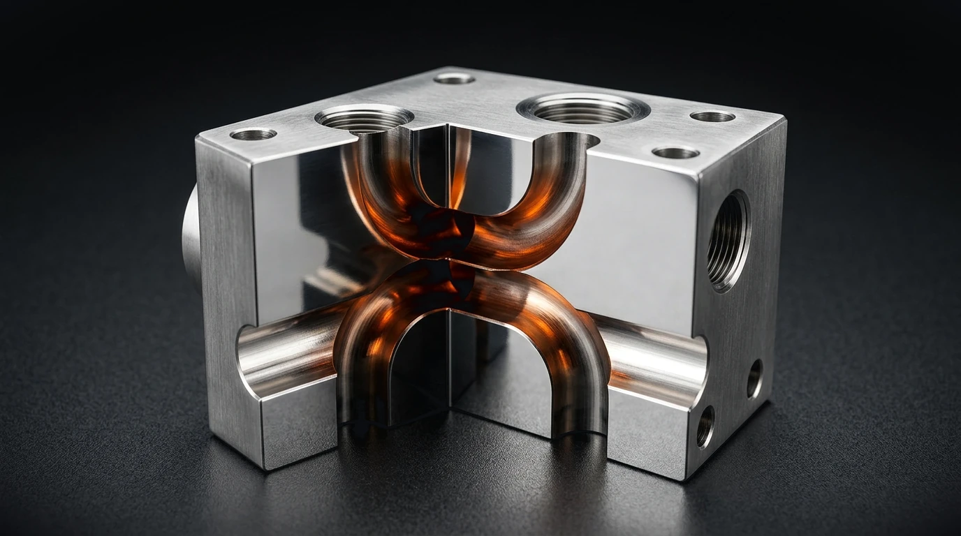 Stainless steel block cut open to show copper-lined internal channels