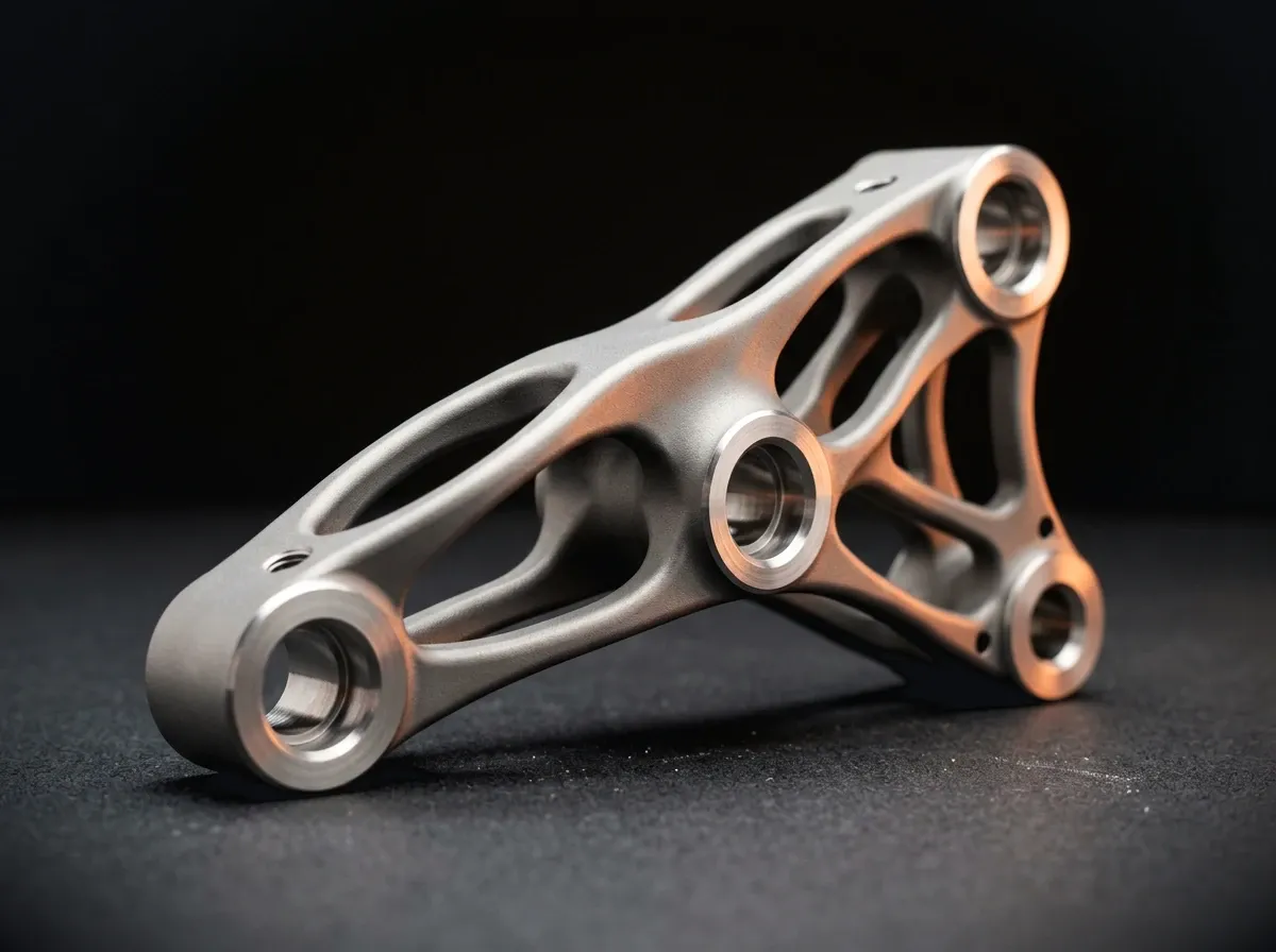 Titanium bracket with an open lattice of struts and three bolt bosses