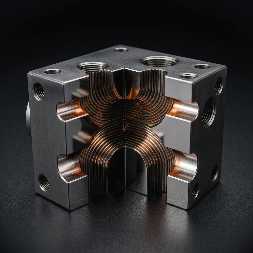 Tool steel insert cut open to show ribbed internal cooling channels